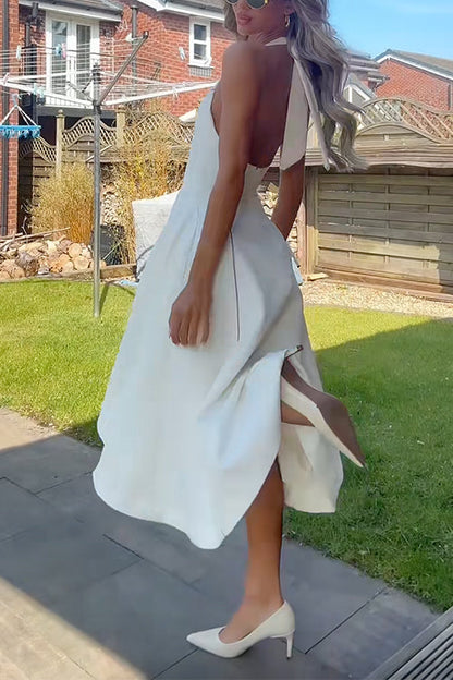 Halter Neck Backless Hollow Out Swing Midi Dress
