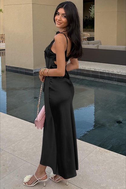 Satin Strapless V Neck Tie Maxi Dress