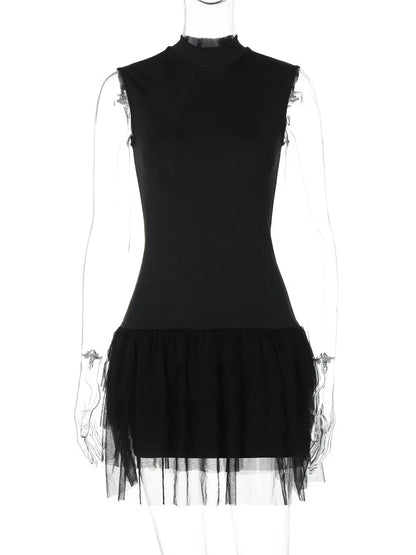 Stand Color Sleeveless Mini Dress for Black Skinny Tank Dresses Femme Mesh Bottom Dress
