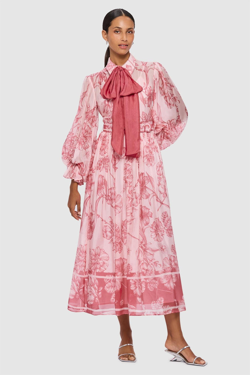 Lantern Sleeve Midi Dress With Belt