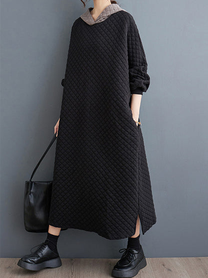 A-line Long Sleeves Hooded Quilted Split-side Midi Dresses