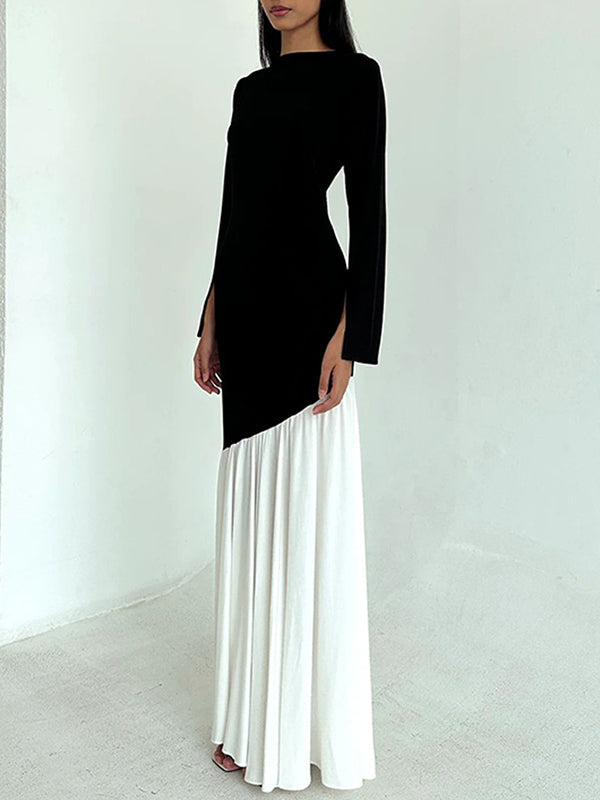 Bodycon High Waisted Contrast Color Pleated Split-joint Round-neck Maxi Dresses