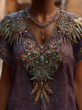 Western-style Feather Three-dimensional Embroidery Sequin V-neck Purple Short-sleeved Shirt elevenforest