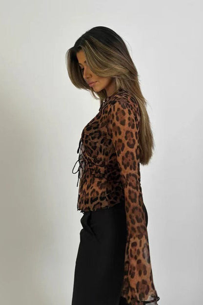 Leopard Print Sheer V-neck Blouse