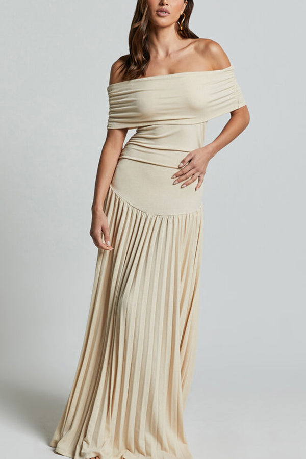 Off-shoulder Slim Fit Pleated Maxi Dress