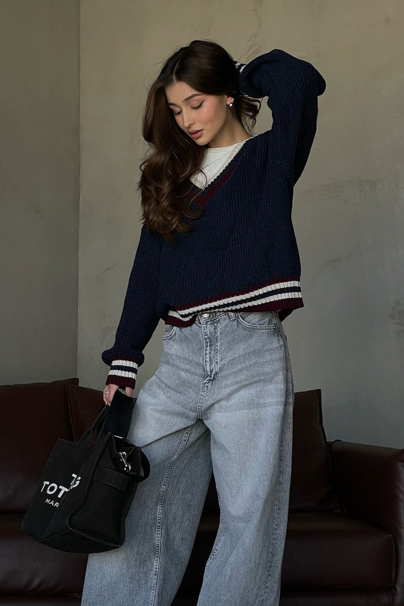 Striped Color Block V-neck Loose Knit Sweater