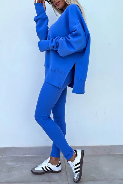 Color Loose Long Sleeve Slitsweatshirt and Elastic Waist Tight Pants Set