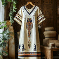 Egyptian Cat Tribal Totem Women's Linen Short Sleeve Maxi Dress