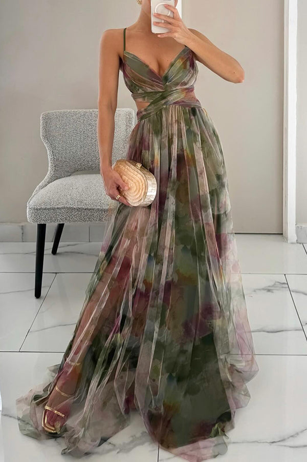 ' Summer Princess Chiffon Printed Hollow Waist and Back Lace Up Long Dress