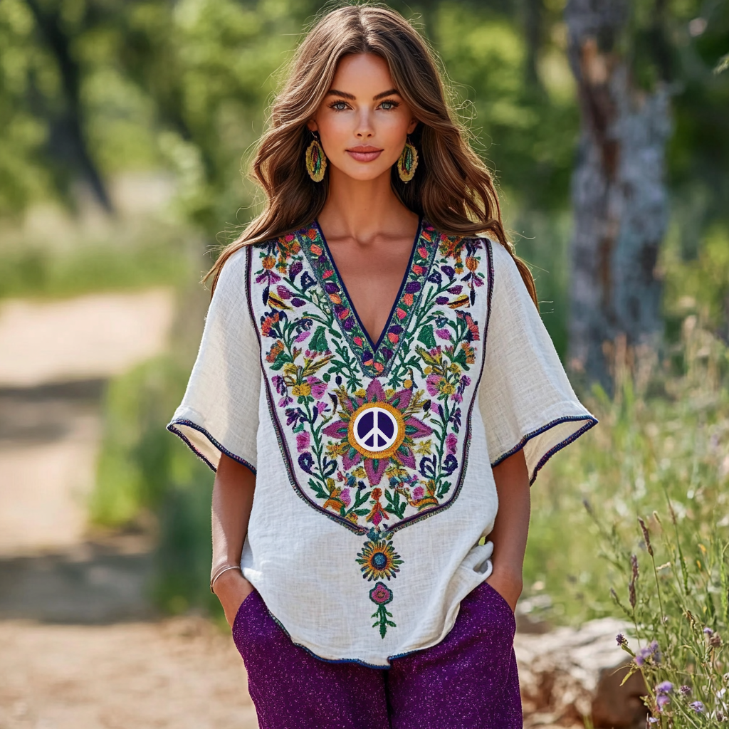 Women's Vintage Hippie Peace Symbol Linen T-shirt elevenforest
