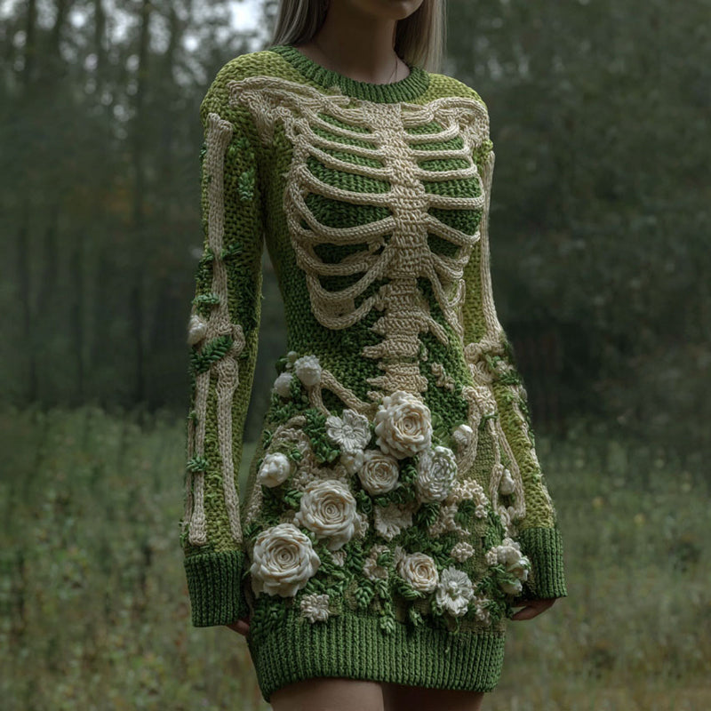 Comstylish Women's Vintage Skeleton With White Rose Gradient Art Cozy Sweater Dress