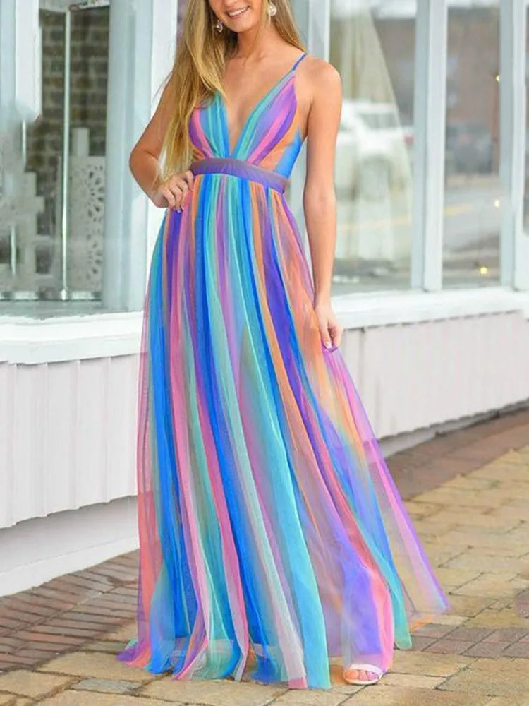 Rainbow Chiffon Spaghetti Strap Dresses Deep V-neck Backless Long Dress Evening Party Vestidos