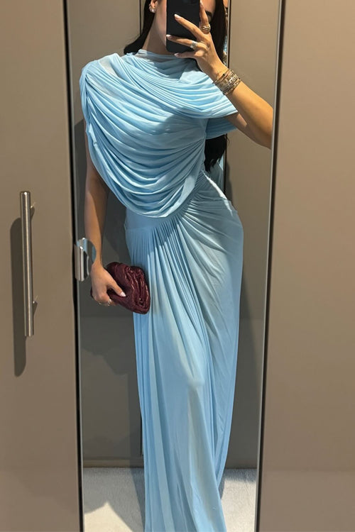Shawl Collar Ruched Asymmetric Maxi Dress