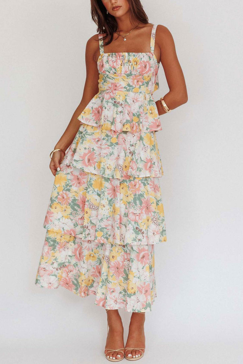Print Tie-up Tiered Midi Dress