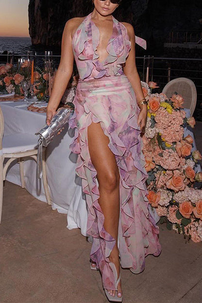 Moxidress Dreamy Ruffle Halter V Neck Slit Watercolor Maxi Dress