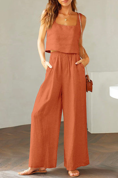 Square Collar Cami Crop Top Wide Leg Pants Cotton Linen Set