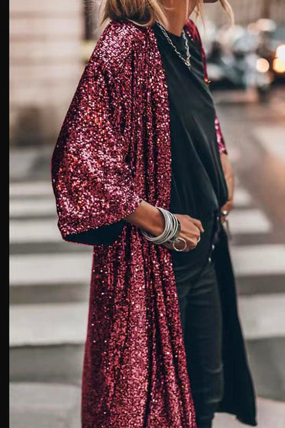 3/4 Sleeves Open Front Sequin Shinny Midi Cardigan