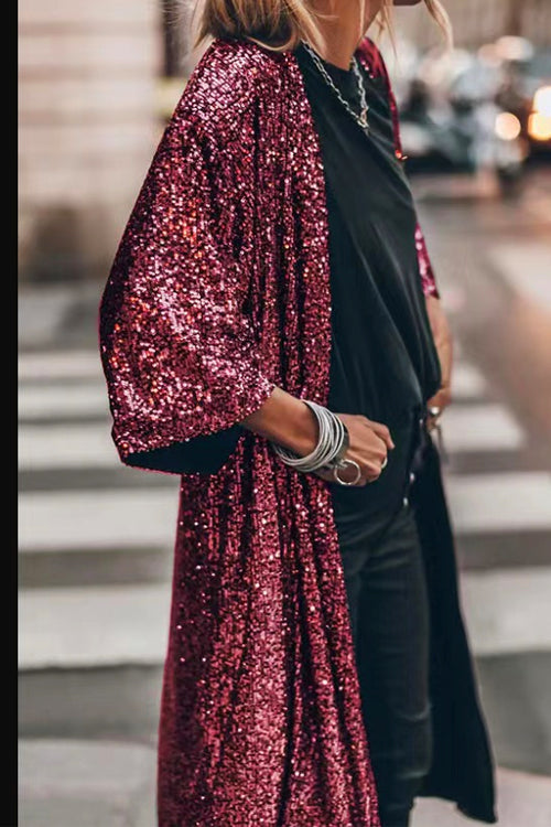 3/4 Sleeves Open Front Sequin Shinny Midi Cardigan