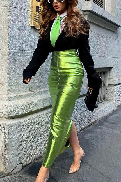 High Waist Back Slit Splice Faux Leather Maxi Skirt