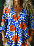 Women's Bohemian Floral Art Print Casual Cotton Linen Shirt