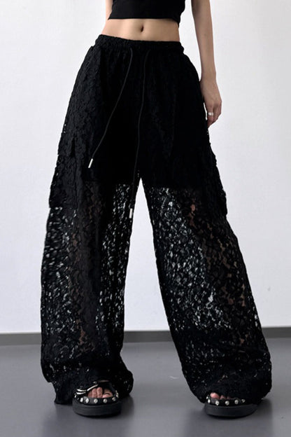 White Lace Cutout Wide Leg Pants