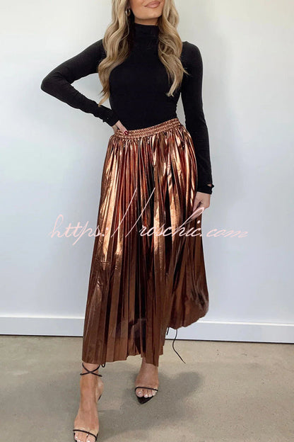 Yuletide Glow Metallic Fabric Pleated Elastic Waist Midi Skirt
