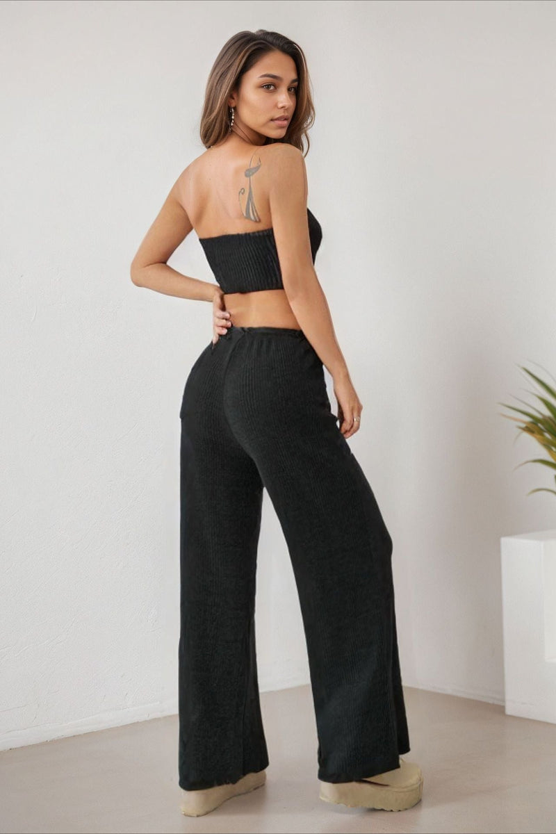 Wrap Front Split Hem Top Straight Pants Set