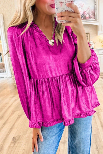 Velvet Frill V Neck Puff Sleeve Babydoll Blouse