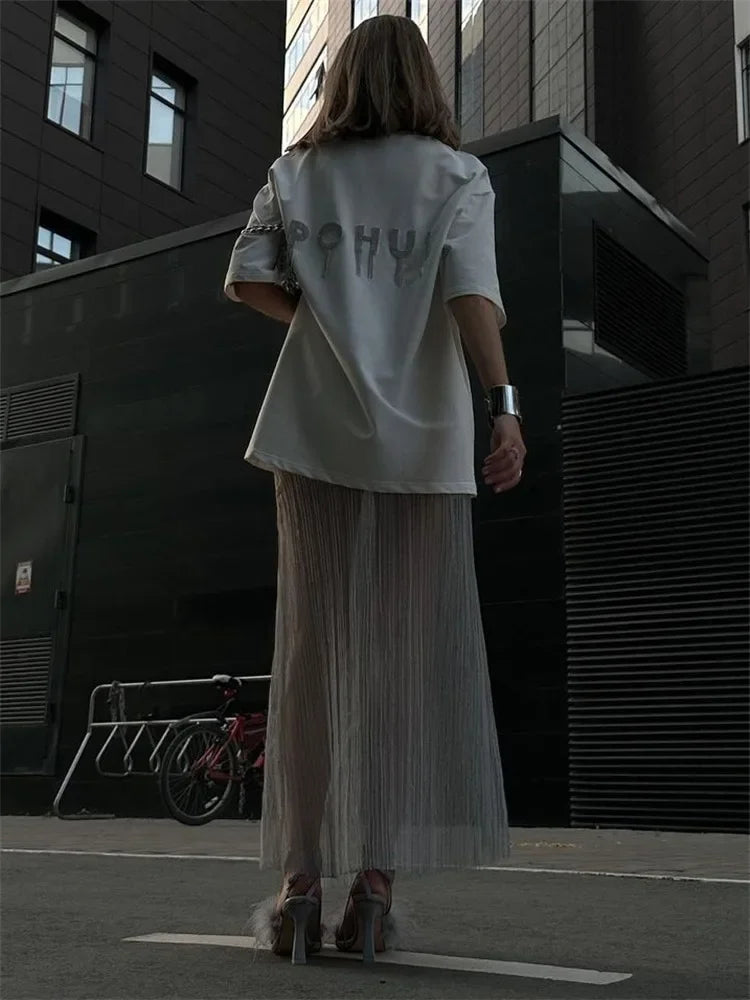 Mesh Pleated See-through Long Skirt – Hollow Out High Waist Maxi Skirt