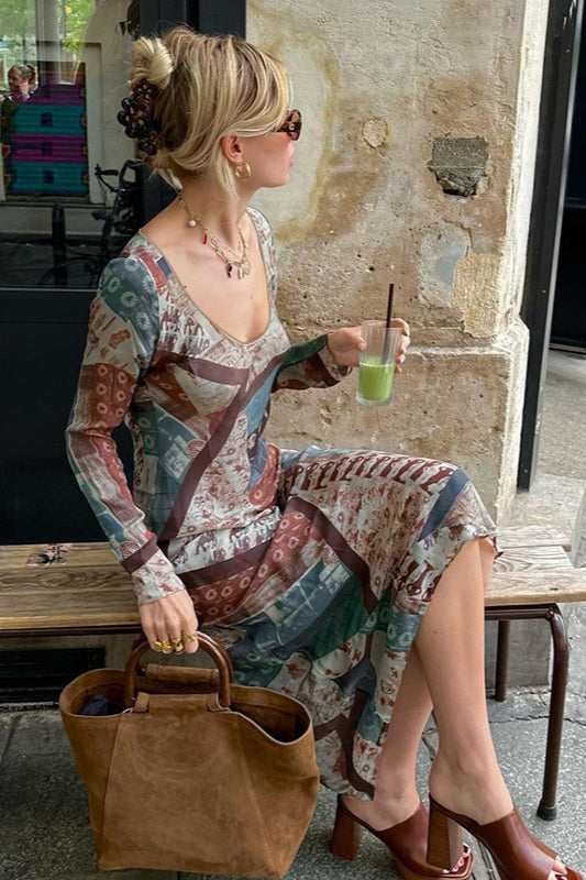 Print V-neck Bodycon Maxi Dress