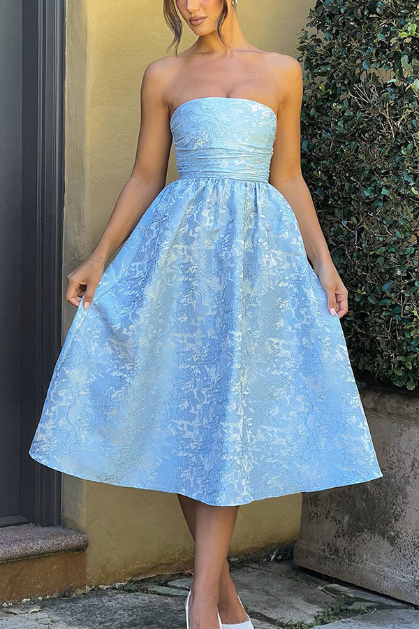Jacquard Fabric Strapless Open Back Slim Midi Dress