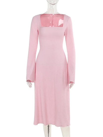 Bandage for Maxi Dress Slim Long Sleeve Square Collar Patchwork Autumn Dress Female Lace-up Dress