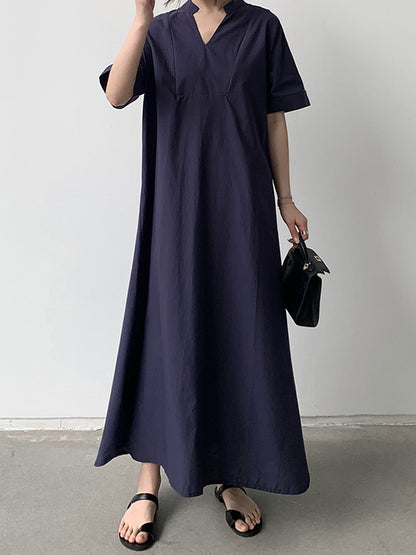 Loose Short Sleeves Color V-neck Maxi Dresses