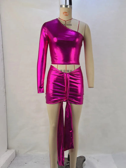 One Shoulder Set Top Wrap Hip Short Skirt Lace Up Spicy Two Piece Set Tight Party Nightclub