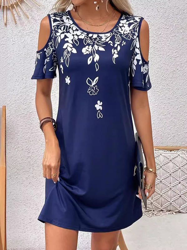 A-line Loose Flower Print Hollow Cold Shoulder Mini Dresses