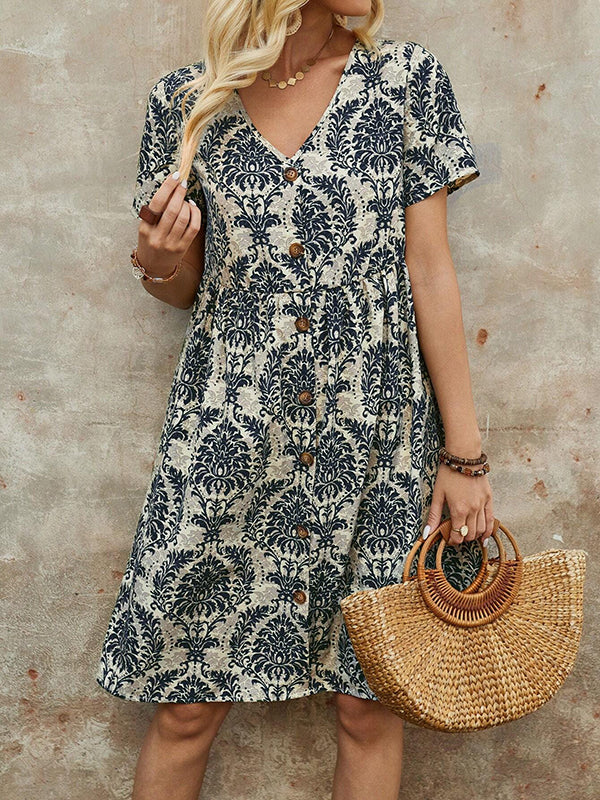 A-line High Waisted Buttoned Pleated Printed Split-joint V-neck Mini Dresses