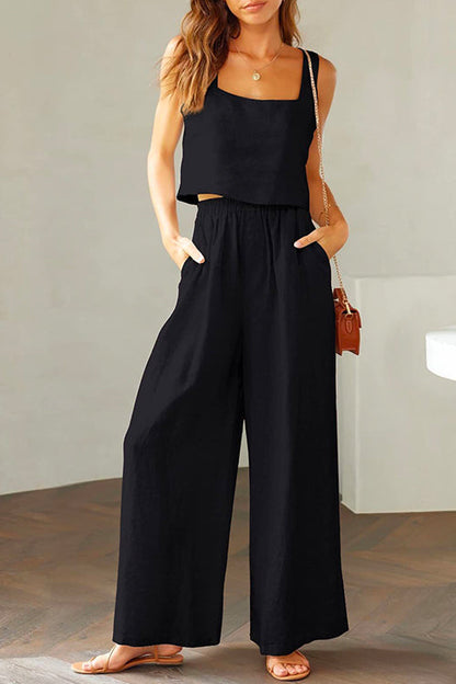 Square Collar Cami Crop Top Wide Leg Pants Cotton Linen Set