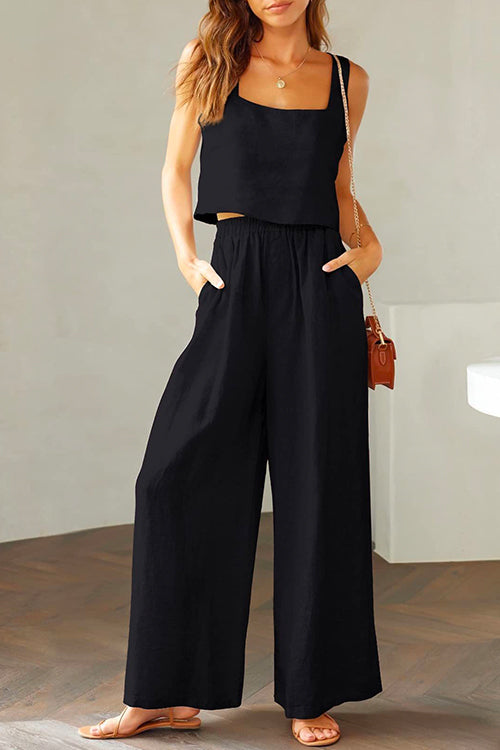 Square Collar Cami Crop Top Wide Leg Pants Cotton Linen Set