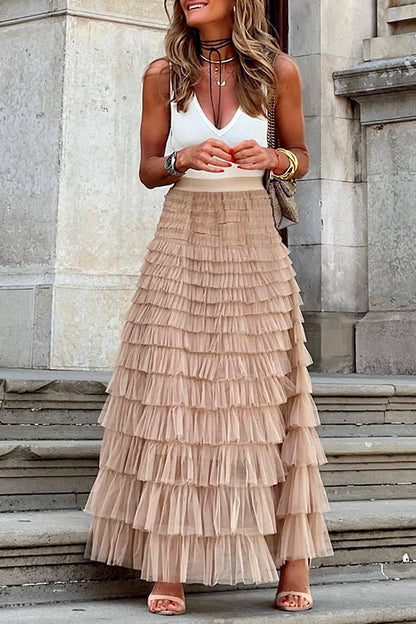 Ruffle Layered Mesh A-line Long Tulle Skirt