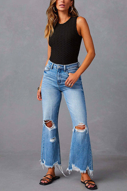 Raw Hem Ripped Flare Bottoms Denim Pants