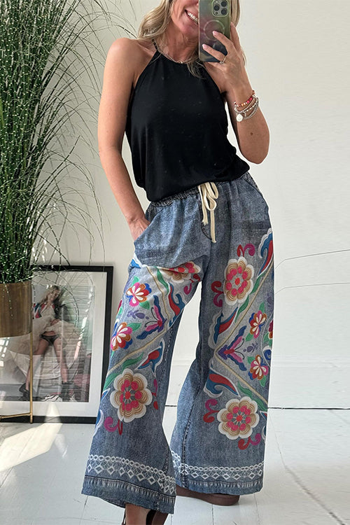 Drawstring Elastic Waist Wide Leg Print Pants