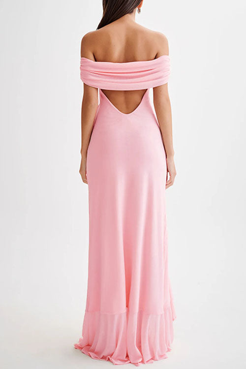 Moxidress Off Shoulder Back Cut Out Ruffle Slit Maxi Dress