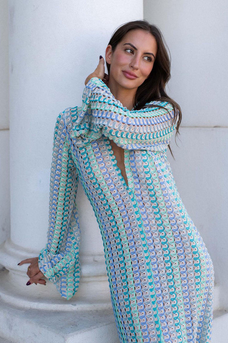 V Neck Bell Sleeve Wavy Striped Crochet Beach Vacation Maxi Dress