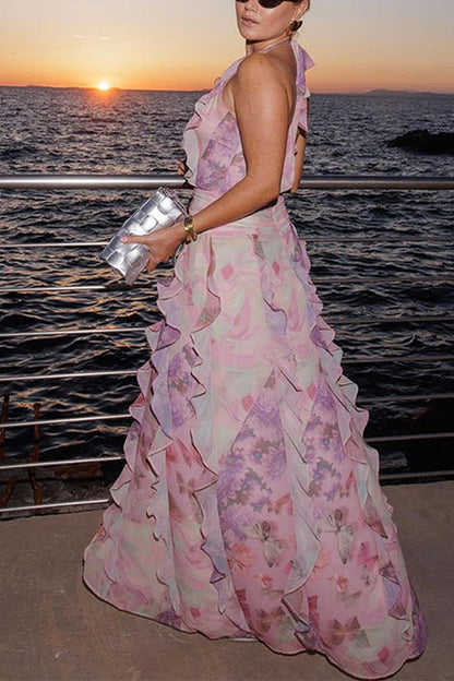 Dreamy Ruffle Halter V Neck Slit Watercolor Maxi Dress