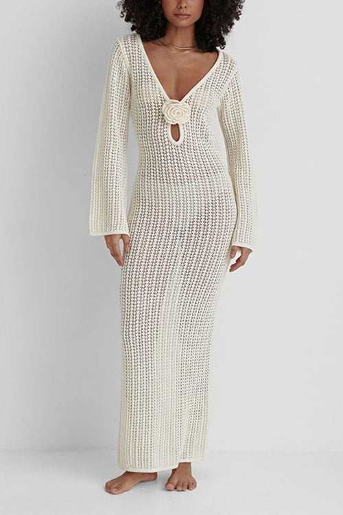V Neck Long Sleeves Backless Crochet Hollow Out Knit Maxi Dress
