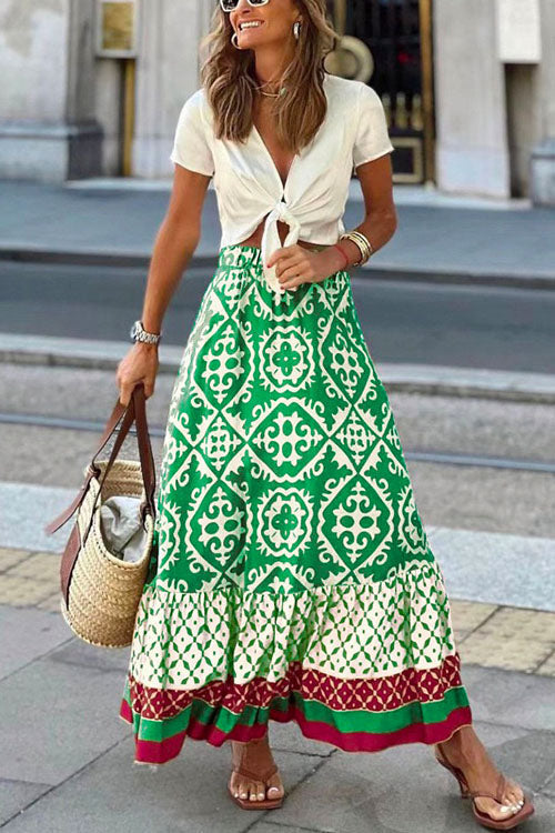 Bohemia Printed Elastic Waist Ruffle Maxi Swing Skirt