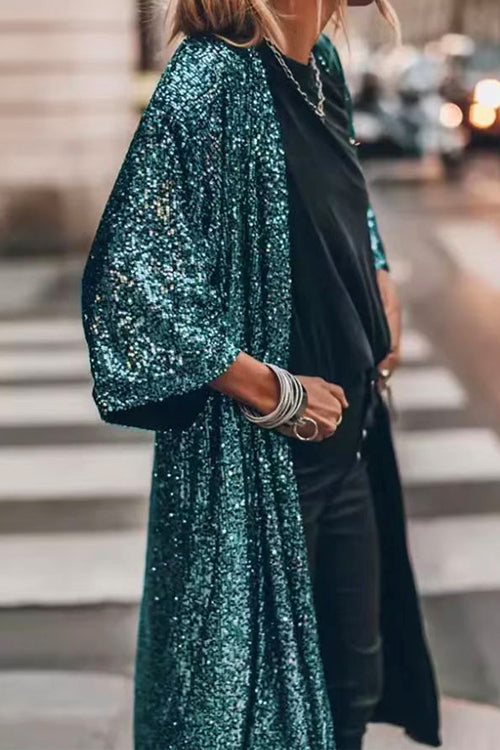 3/4 Sleeves Open Front Sequin Shinny Midi Cardigan