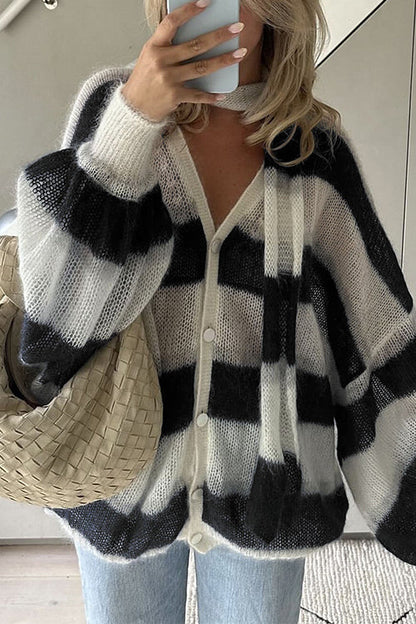 Moxidress Lantern Sleeves Button Down Color Block Stripes Sweater With Scarf