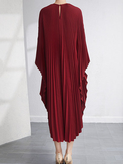 Urban Flared Batwing Sleeves Pleated Color Round-neck Midi Dresses