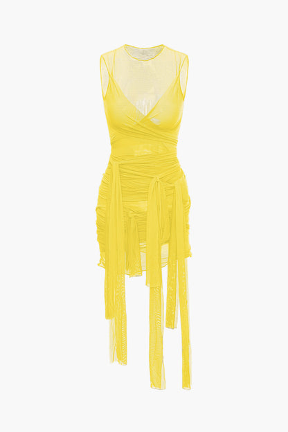 Color Sheer Mesh Wrap Tie Ribbon Mini Dress